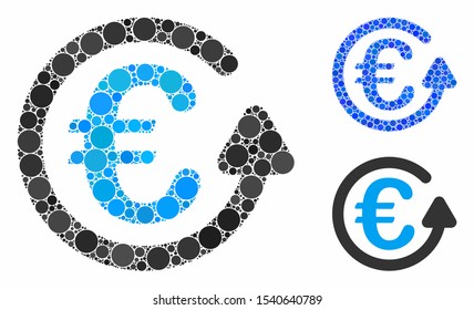 Euro chargeback composition of small circles in variable sizes and color tones, based on Euro chargeback icon. Vector small circles are organized into blue mosaic.