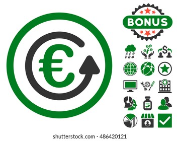 Euro Chargeback icon with bonus elements. Vector illustration style is flat iconic bicolor symbols, green and gray colors, white background.