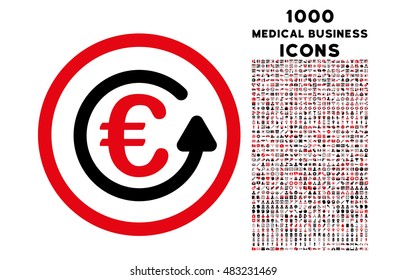 Euro Chargeback rounded vector bicolor icon with 1000 medical business icons. Set style is flat pictograms, intensive red and black colors, white background.