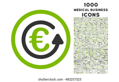 Euro Chargeback rounded vector bicolor icon with 1000 medical business icons. Set style is flat pictograms, eco green and gray colors, white background.