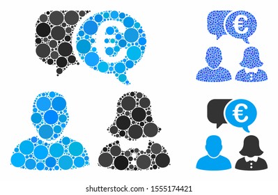Euro chat composition of small circles in variable sizes and color hues, based on Euro chat icon. Vector small circles are organized into blue composition.