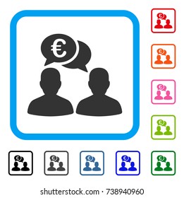 Euro Chat icon. Flat gray iconic symbol in a light blue rounded frame. Black, gray, green, blue, red, orange color versions of Euro Chat vector. Designed for web and software user interface.