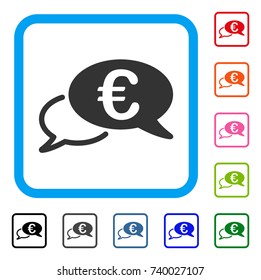 Euro Chat icon. Flat gray iconic symbol in a light blue rounded rectangular frame. Black, gray, green, blue, red, orange color additional versions of Euro Chat vector. Designed for web and app UI.