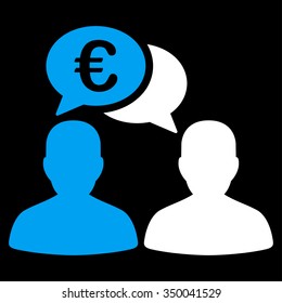 Euro Chat vector icon. Style is bicolor flat symbol, blue and white colors, rounded angles, black background.