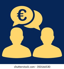 Euro Chat vector icon. Style is flat symbol, yellow color, rounded angles, blue background.