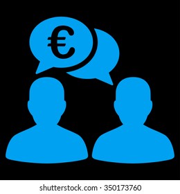 Euro Chat vector icon. Style is flat symbol, blue color, rounded angles, black background.