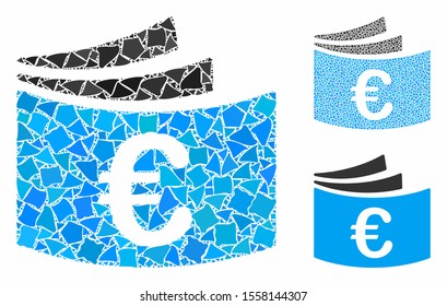 Euro checkbook composition of irregular items in different sizes and color tints, based on Euro checkbook icon. Vector tuberous parts are combined into collage.