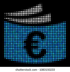 Euro checkbook halftone vector icon. Illustration style is dot iconic euro checkbook symbol on a black background. Halftone texture is made with spheric items.