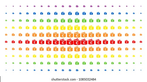 Euro checkbook icon rainbow colored halftone pattern. Vector euro checkbook shapes are organized into halftone array with vertical rainbow colors gradient. Constructed for backgrounds, covers,