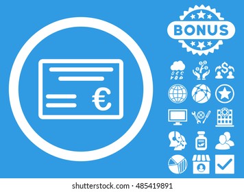 Euro Cheque icon with bonus pictogram. Vector illustration style is flat iconic symbols, white color, blue background.