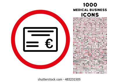 Euro Cheque rounded vector bicolor icon with 1000 medical business icons. Set style is flat pictograms, intensive red and black colors, white background.