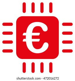 Euro Chip icon. Vector style is flat iconic symbol with rounded angles, red color, white background.