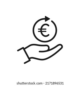 Euro in circular arrow on hand. Money transaction process icon line style isolated. Vector illustration