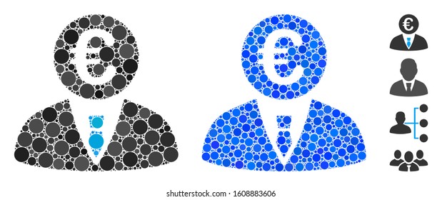 Euro clerk composition of small circles in variable sizes and shades, based on Euro clerk icon. Vector small circles are grouped into blue composition.