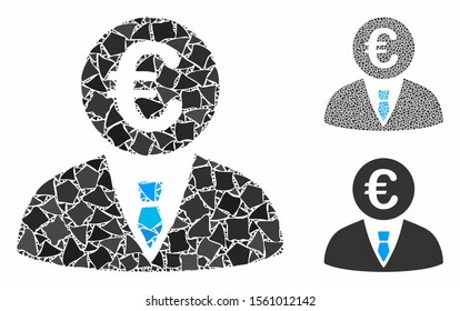 Euro clerk mosaic of inequal elements in variable sizes and color hues, based on Euro clerk icon. Vector inequal dots are organized into collage. Euro clerk icons collage with dotted pattern.