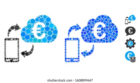 Euro cloud banking mosaic of filled circles in different sizes and color tinges, based on Euro cloud banking icon. Vector filled circles are grouped into blue mosaic.