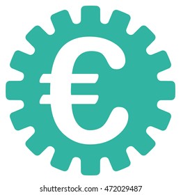 Euro Cog icon. Vector style is flat iconic symbol with rounded angles, cyan color, white background.