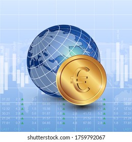 Euro coin and 3D  Earth vector illustration. Vector Planet illustration. Golden coin and Realistic globe. Bussines bunner. Stock market ternd. 