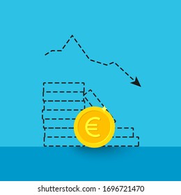 Euro-Münze mit Pfeil nach unten. Währung verliert seinen Wert oder Rezession, Wirtschafts- und Finanzkrise Konzept.