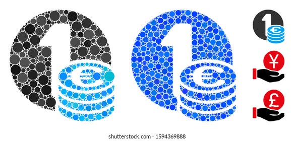 Euro coin column mosaic of spheric dots in various sizes and color hues, based on Euro coin column icon. Vector round dots are combined into blue mosaic.