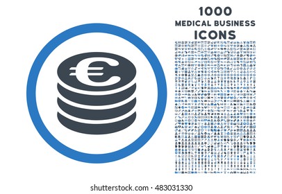 Euro Coin Column rounded vector bicolor icon with 1000 medical business icons. Set style is flat pictograms, smooth blue colors, white background.