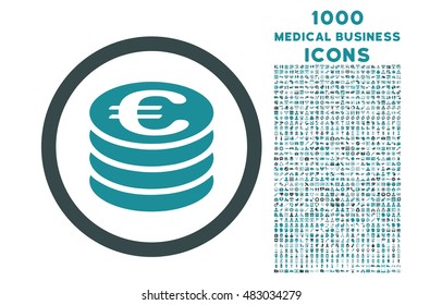 Euro Coin Column rounded vector bicolor icon with 1000 medical business icons. Set style is flat pictograms, soft blue colors, white background.