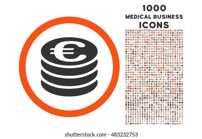 Euro Coin Column rounded vector bicolor icon with 1000 medical business icons. Set style is flat pictograms, orange and gray colors, white background.