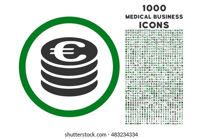 Euro Coin Column rounded vector bicolor icon with 1000 medical business icons. Set style is flat pictograms, green and gray colors, white background.