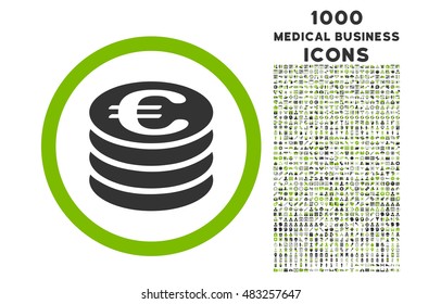 Euro Coin Column rounded vector bicolor icon with 1000 medical business icons. Set style is flat pictograms, eco green and gray colors, white background.