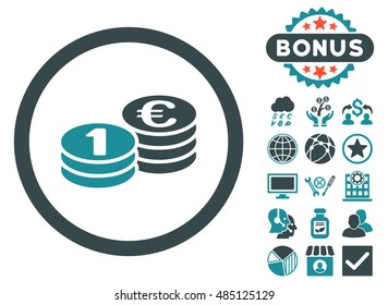Euro Coin Columns icon with bonus symbols. Vector illustration style is flat iconic bicolor symbols, soft blue colors, white background.