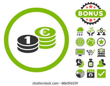 Euro Coin Columns icon with bonus images. Vector illustration style is flat iconic bicolor symbols, eco green and gray colors, white background.