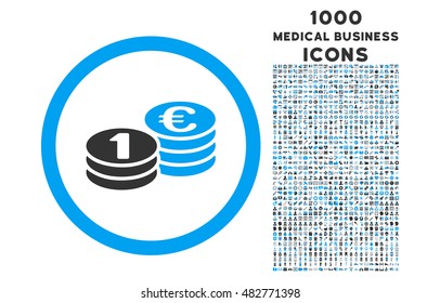 Euro Coin Columns rounded vector bicolor icon with 1000 medical business icons. Set style is flat pictograms, blue and gray colors, white background.