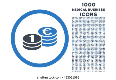 Euro Coin Columns rounded vector bicolor icon with 1000 medical business icons. Set style is flat pictograms, smooth blue colors, white background.