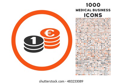 Euro Coin Columns rounded vector bicolor icon with 1000 medical business icons. Set style is flat pictograms, orange and gray colors, white background.