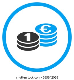 Euro Coin Columns vector icon. Style is bicolor flat circled symbol, blue and gray colors, rounded angles, white background.