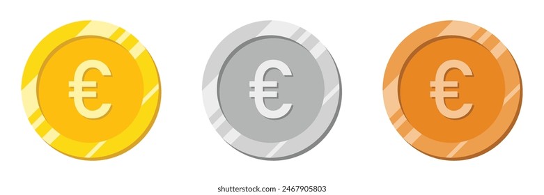 Euro coin in golden color. European currency with shiny effect vector illustration in gold, silver and bronze color. Pound coin vector.