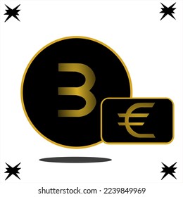 €3 Euro coin. Golden color number inside the black circle, for labels on the black background. three euro for sales.