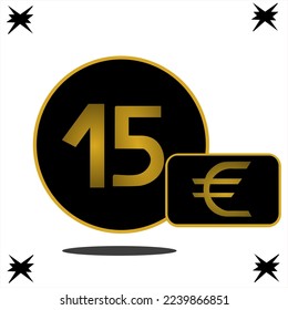 €15 Euro coin. Golden color number inside the black circle, for labels on the black background. fifteen euro for sales.