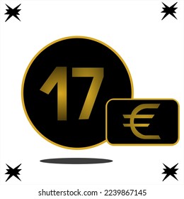 €17 Euro coin. Golden color number inside the black circle, for labels on the black background. seventeen euro for sales.