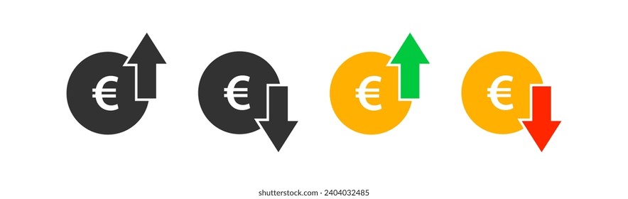 Euro coin graph up and down. Money cost arrow growth, decline. Currency investment. Market price. Finance exchange. Vector illustration.