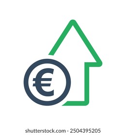 Moneda de euro y flecha verde, concepto de dinámica económica positiva, indicador de tipo de cambio de aumento de moneda de la Unión Europea