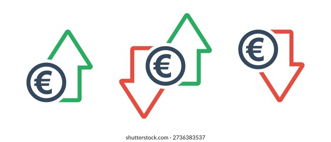euro coin with green up an red down arrows, national currency cost trend, rise or fall exchange rate, positive or negative trend forecast