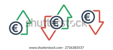 euro coin with green up an red down arrows, national currency cost trend, rise or fall exchange rate, positive or negative trend forecast