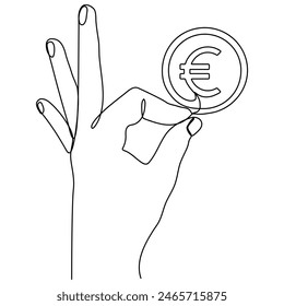 Euro coin in hand continuous line drawn. Pay symbol. Charity donation concept. Vector illustration isolated on white.