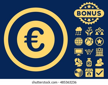 Euro Coin icon with bonus elements. Vector illustration style is flat iconic symbols, yellow color, blue background.