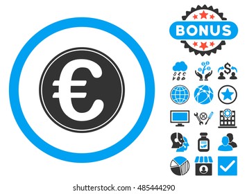 Euro Coin icon with bonus elements. Vector illustration style is flat iconic bicolor symbols, blue and gray colors, white background.