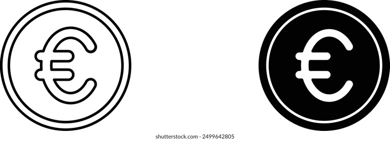 Euro coin icon, vector illustration, black and white, outline and solid, simple, flat, minimalist, currency symbol, money sign, financial graphic, banking emblem, payment method