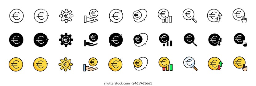 Euro coin icons collection. Money icons. Linear, silhouette and flat style. Vector icons
