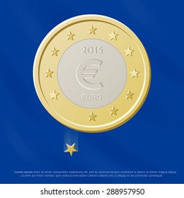 Euro coin loses one star (country in euro-zone).
Illustration is devoted to EU membership and currency crisis, risk of member exit, exit from euro-zone.