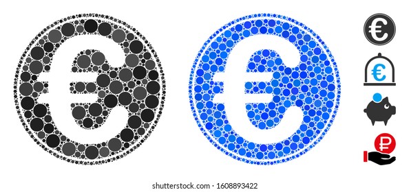 Euro coin mosaic of round dots in different sizes and color tones, based on Euro coin icon. Vector round dots are organized into blue composition. Dotted Euro coin icon in usual and blue versions.